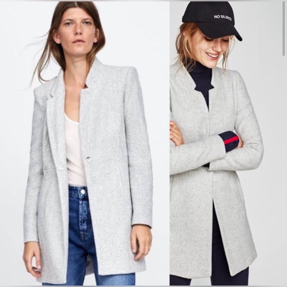 🤍Zara basic inverted lapel long topper coat textured light gray! Size Small!